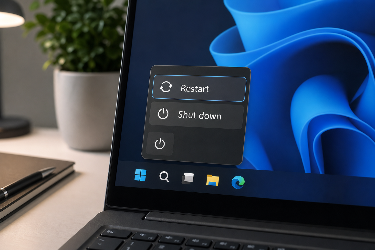 Windows power menu showing restart and shutdown options