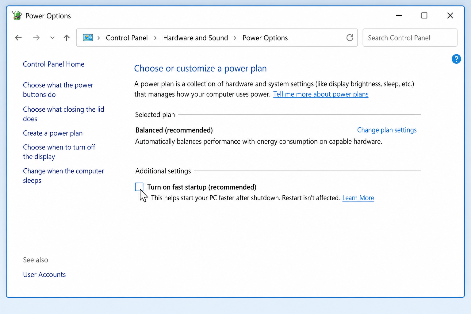 Turning off fast startup setting in Windows power options