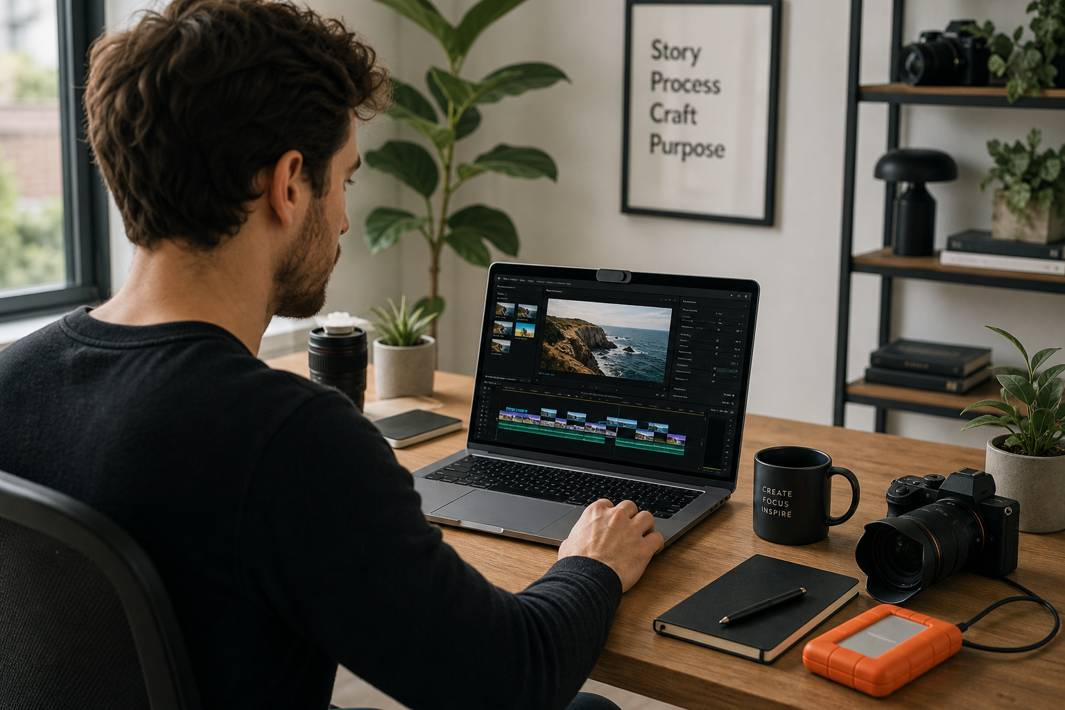 Designer reviewing footage beside laptop with webcam privacy cover