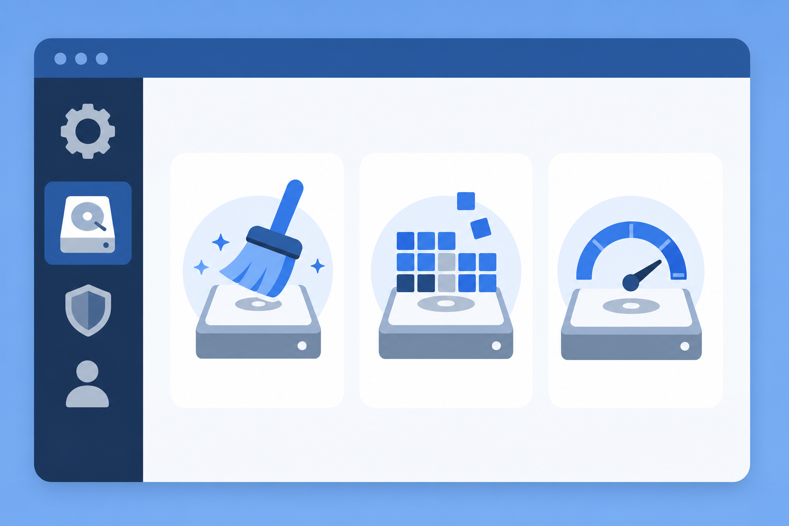 Windows maintenance tool icons for cleaning defragmenting and optimizing