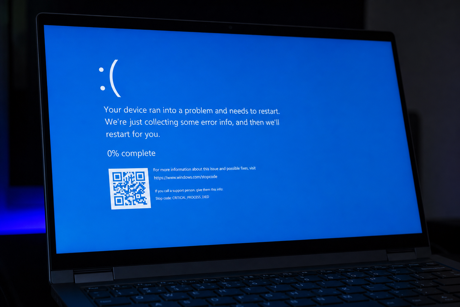 A modern Windows laptop screen displaying a blue crash screen with a visible QR code and error text, dark room, close-up photography style, no readable dates visible