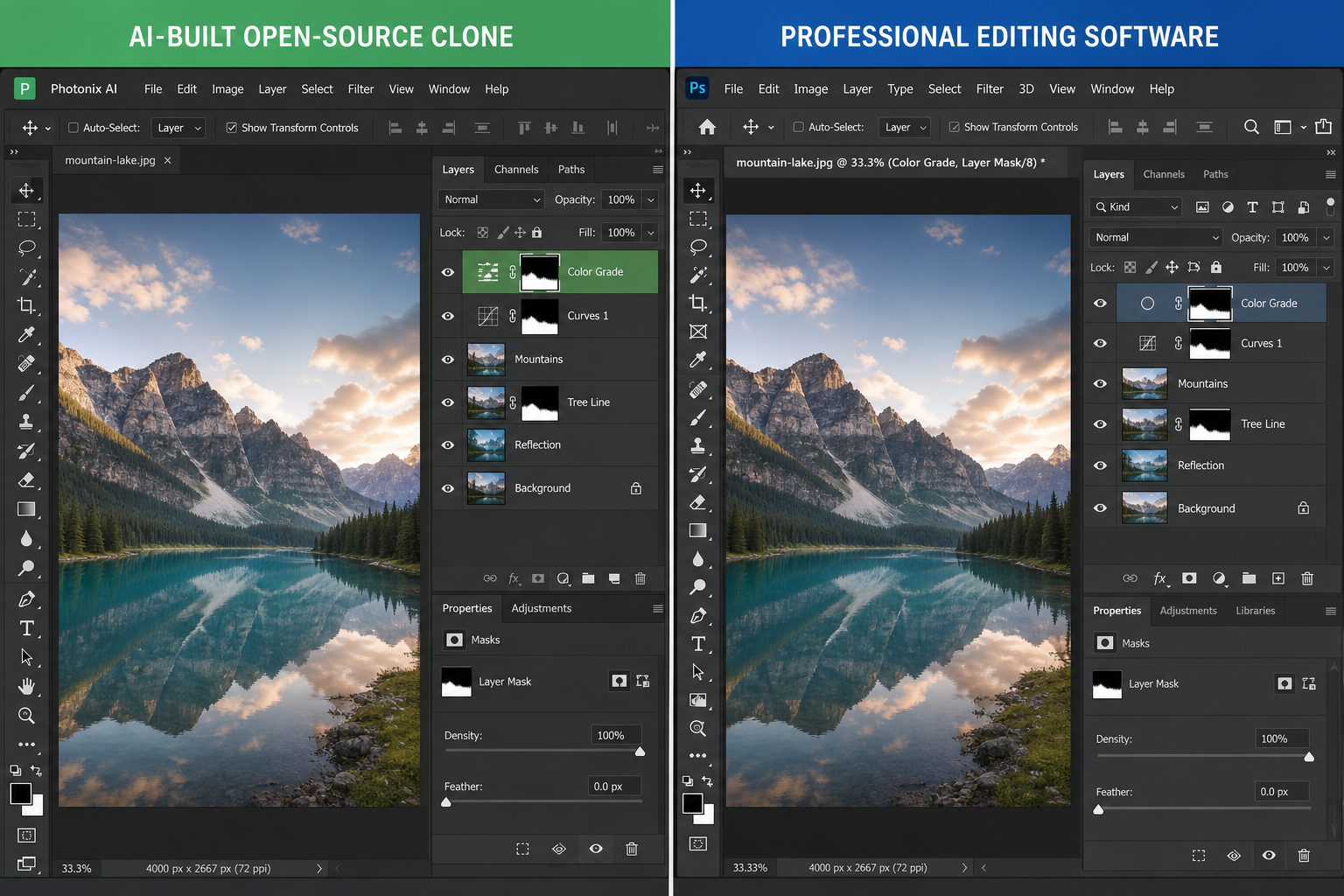 A split-screen digital illustration showing a photo editing software interface on one side labeled as an AI-built open-source clone and a polished professional editing interface on the other, both displaying layers panels, masks, and toolbars, clean modern flat design, no visible dates or timestamps