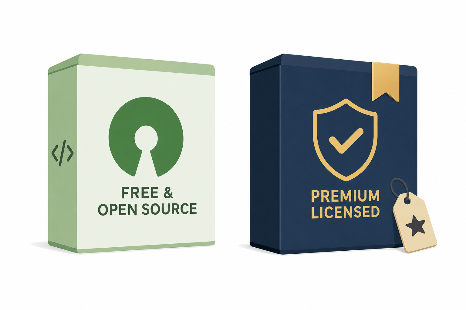 Side-by-side icons representing a free open-source software box and a premium licensed software box with a subtle price tag icon, minimal flat design, no visible numbers or dates on signage