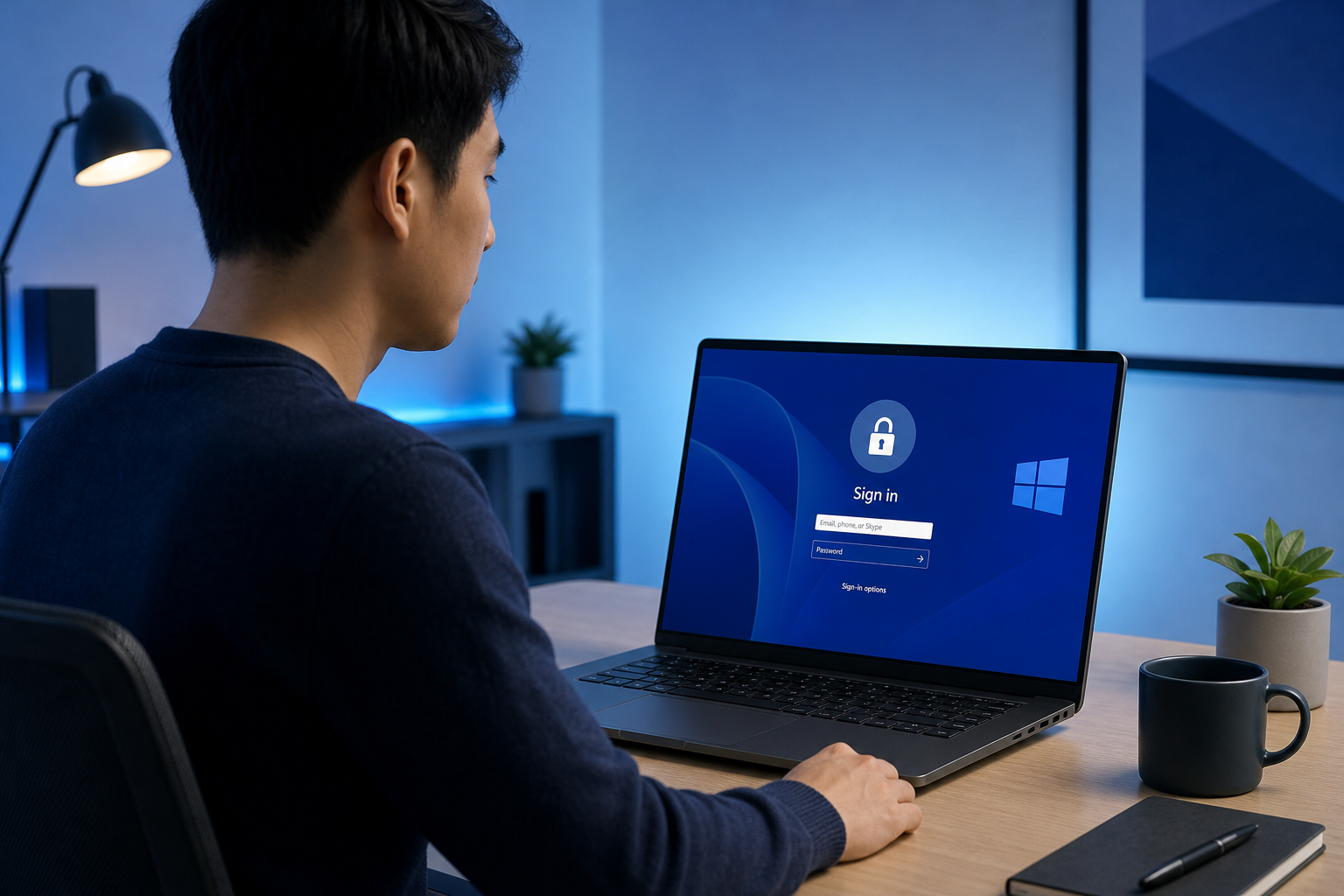 A calm, focused person sitting at a desk looking at a Windows laptop sign-in screen showing a lock icon, soft blue office lighting, no visible dates or calendars, clean modern tech illustration style
