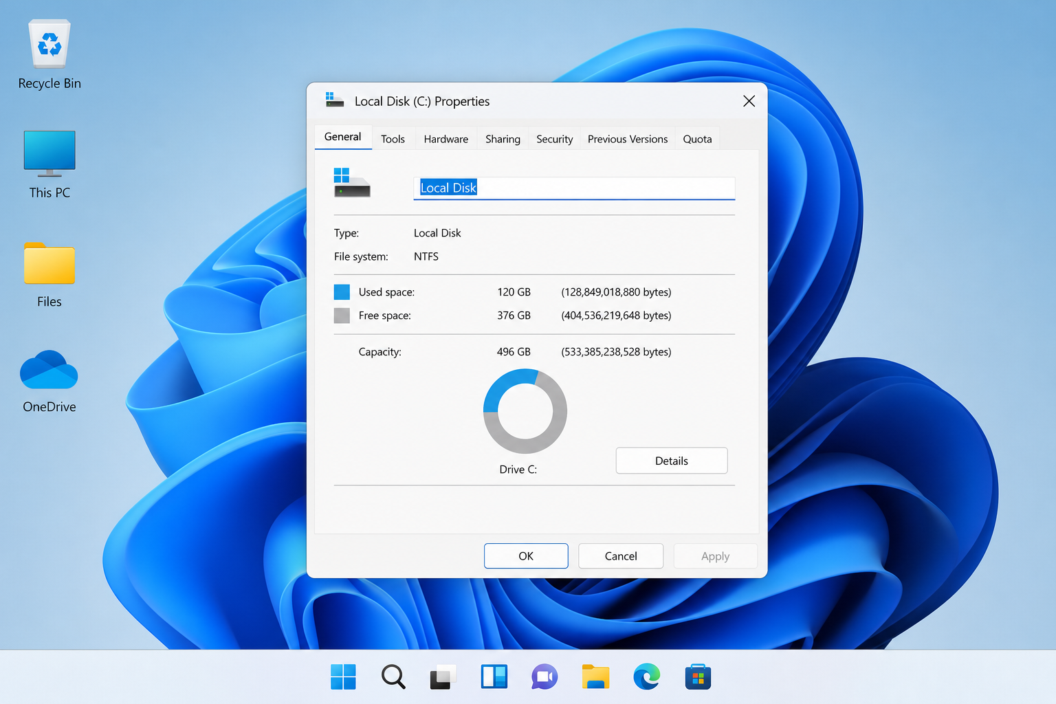 Clean modern illustration of a Windows desktop showing a drive properties window with a capacity pie chart, abstract storage icons, no visible dates or timestamps