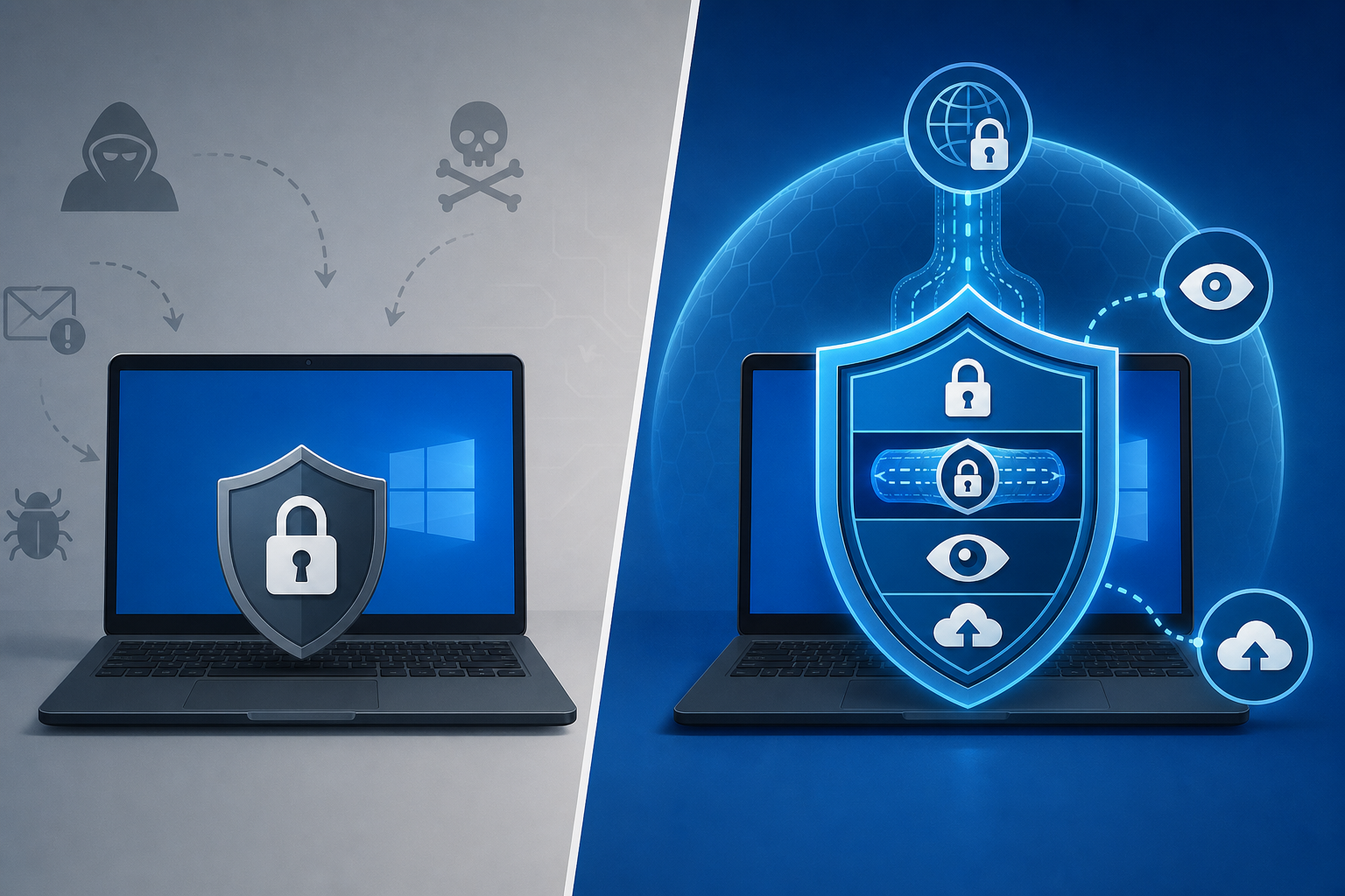 Illustration comparing antivirus limitations between free and paid protection