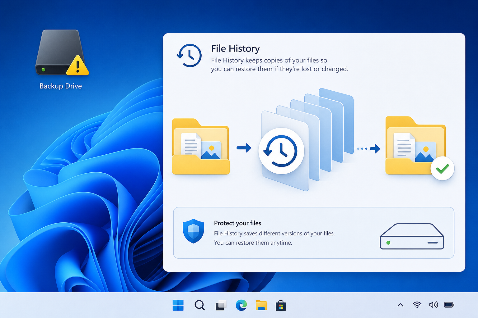 File history backup warning icon on a Windows desktop screen