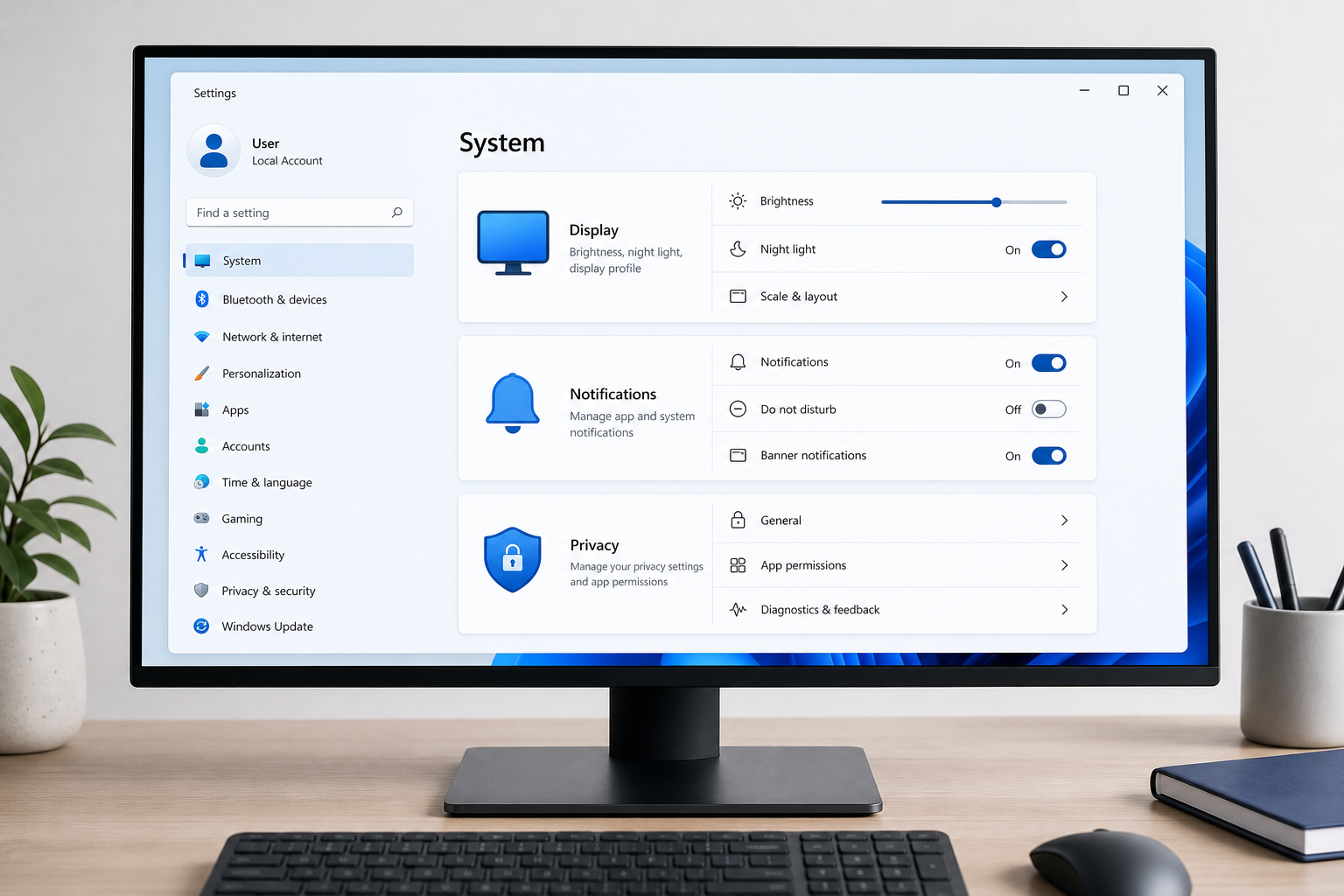 Windows 11 settings menu showing display and privacy toggle options