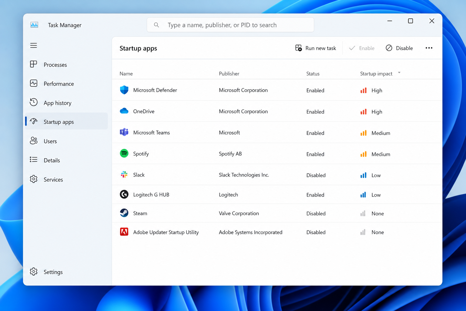Task Manager screen listing startup programs with impact ratings