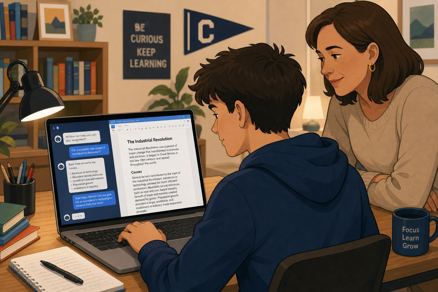 Teen using ChatGPT for teens safely while studying with a parent nearby