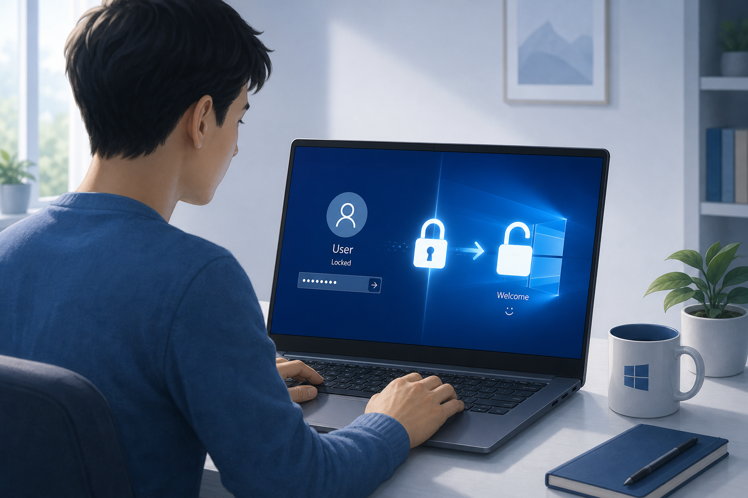 Person resolving a Windows account lockout at laptop sign-in screen