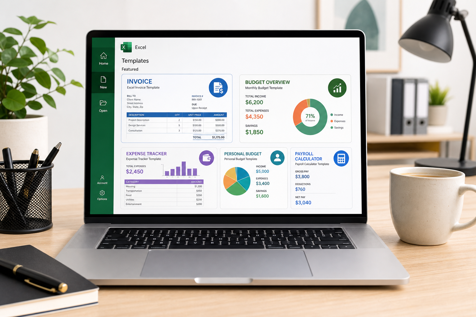 Laptop screen displaying spreadsheet templates for small business invoicing and budgeting