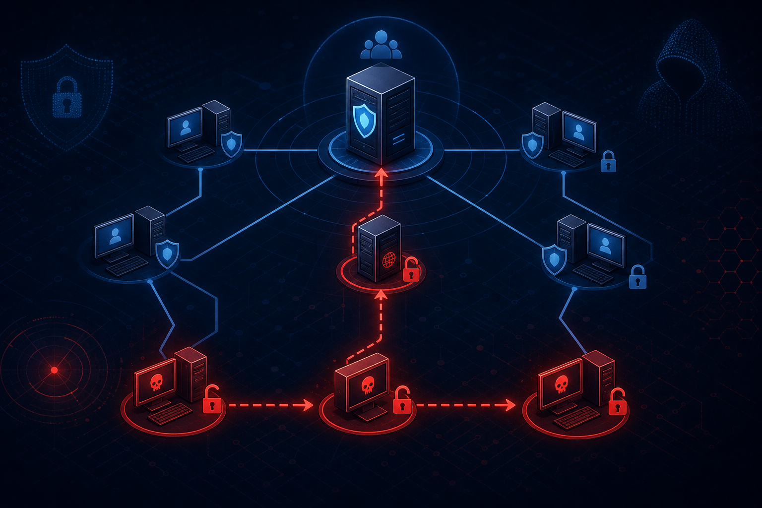 diagram showing active directory penetration attack paths across a domain network