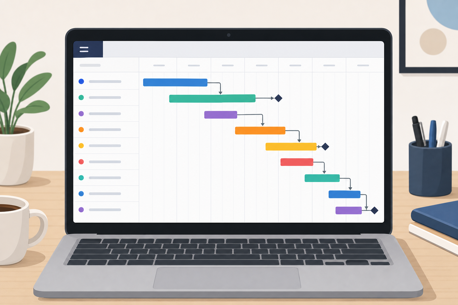 Laptop screen displaying a gantt chart template with colorful task bars