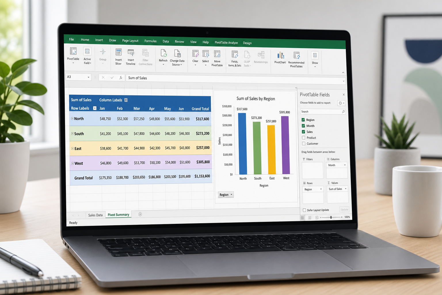Laptop screen showing Excel pivot tables summarizing spreadsheet sales data