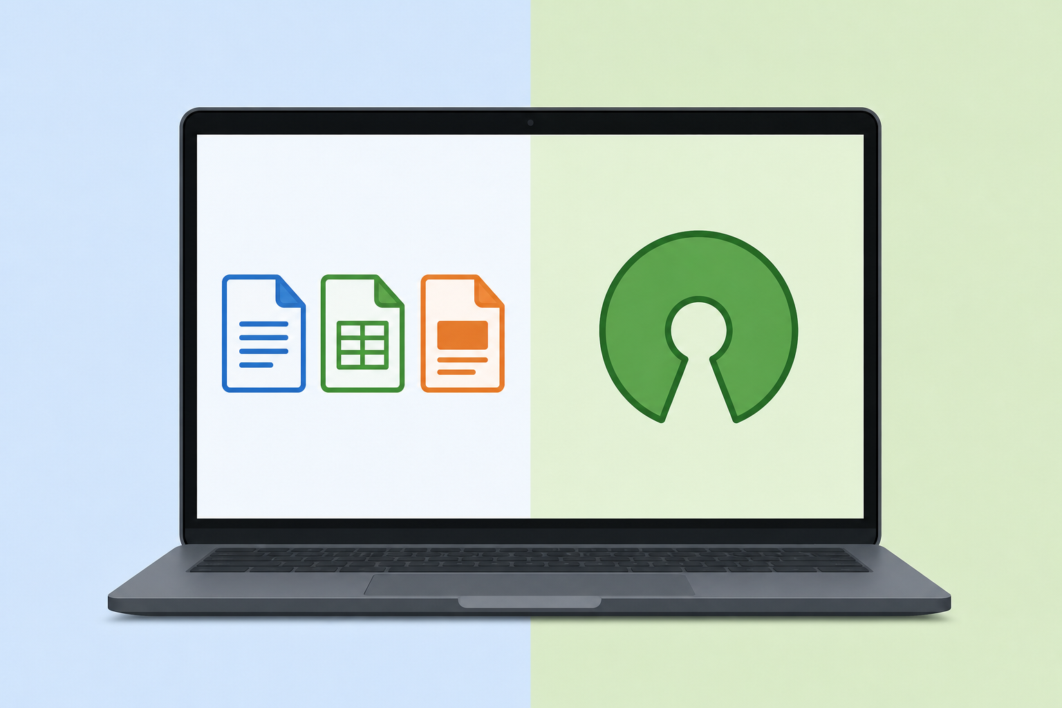 open source office suite shown replacing Word Excel PowerPoint icons