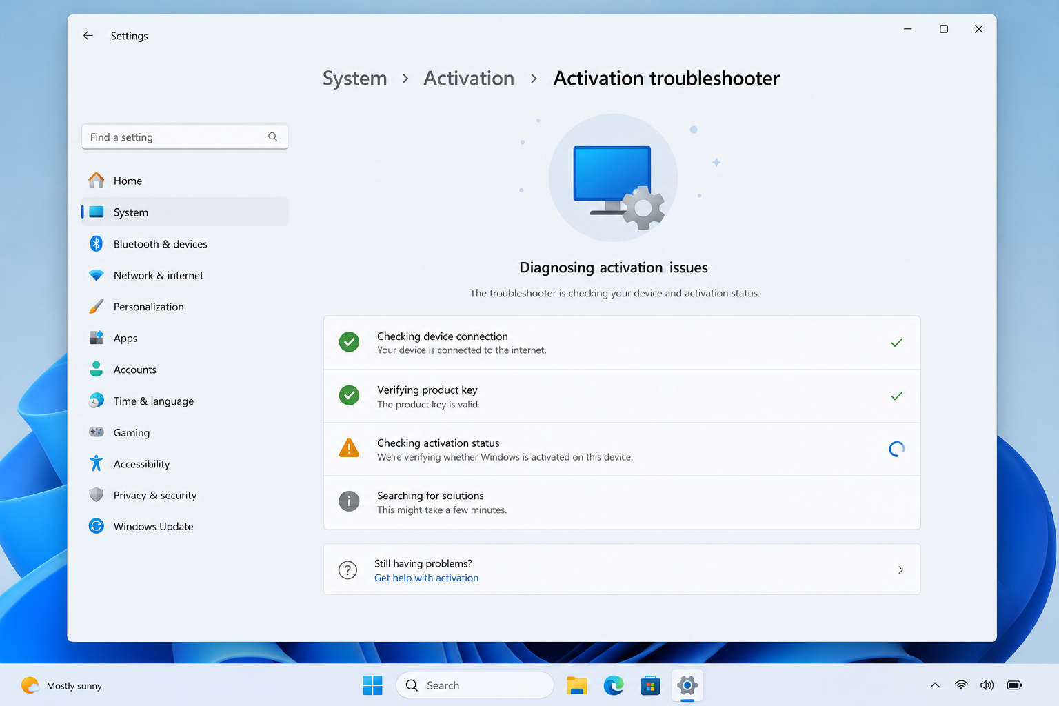 Windows activation troubleshooter screen fixing a failed license error