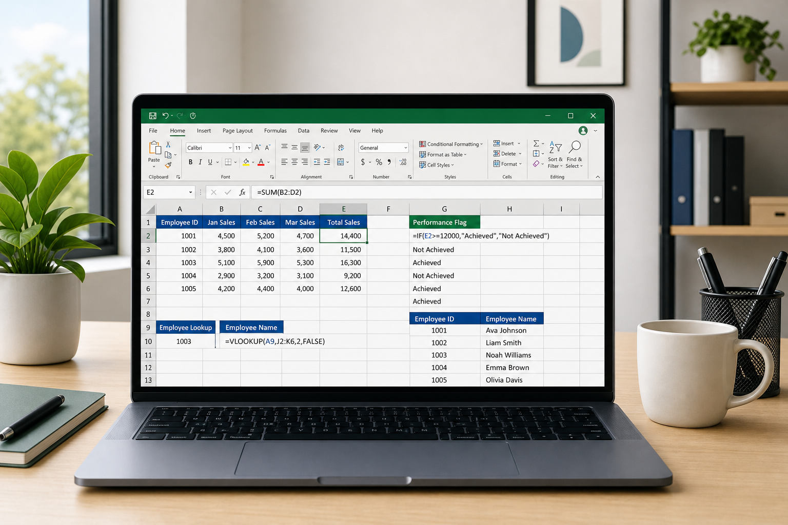 Laptop screen showing excel formulas for beginners in a spreadsheet
