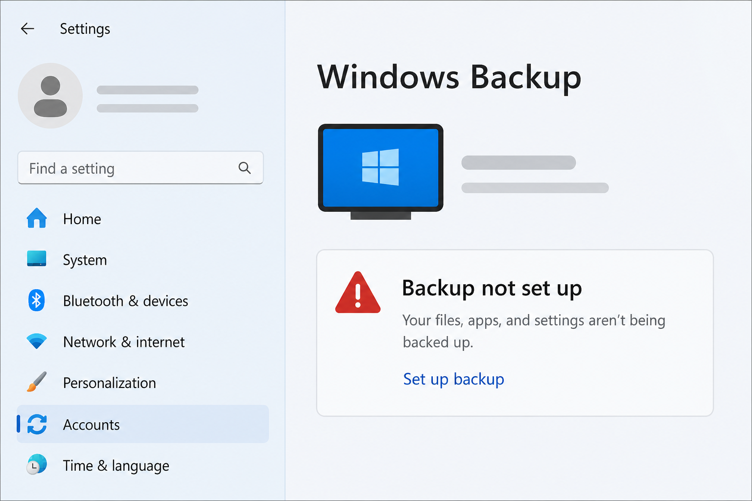 Windows settings screen showing a failed file history backup status