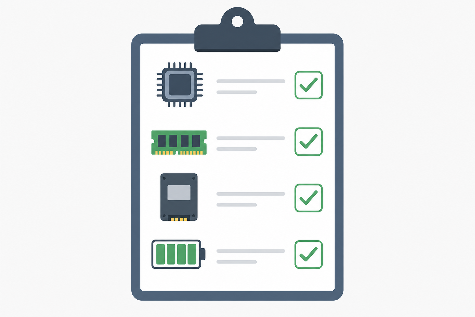 Checklist icons for evaluating a Copilot+ PC before buying