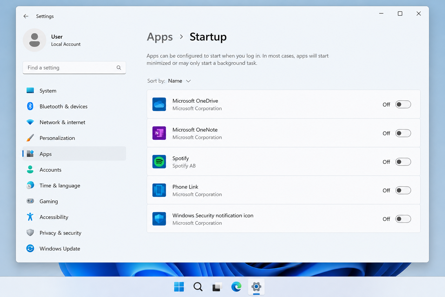 Windows 11 startup apps settings screen with toggles disabled