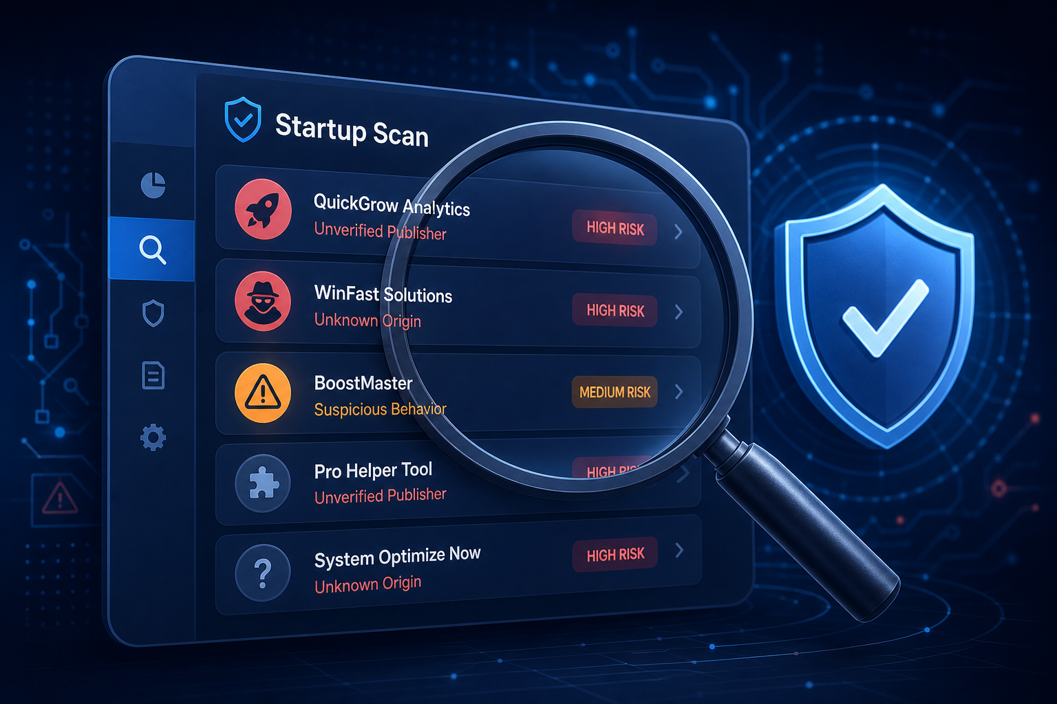 Magnifying glass inspecting suspicious startup programs for malware