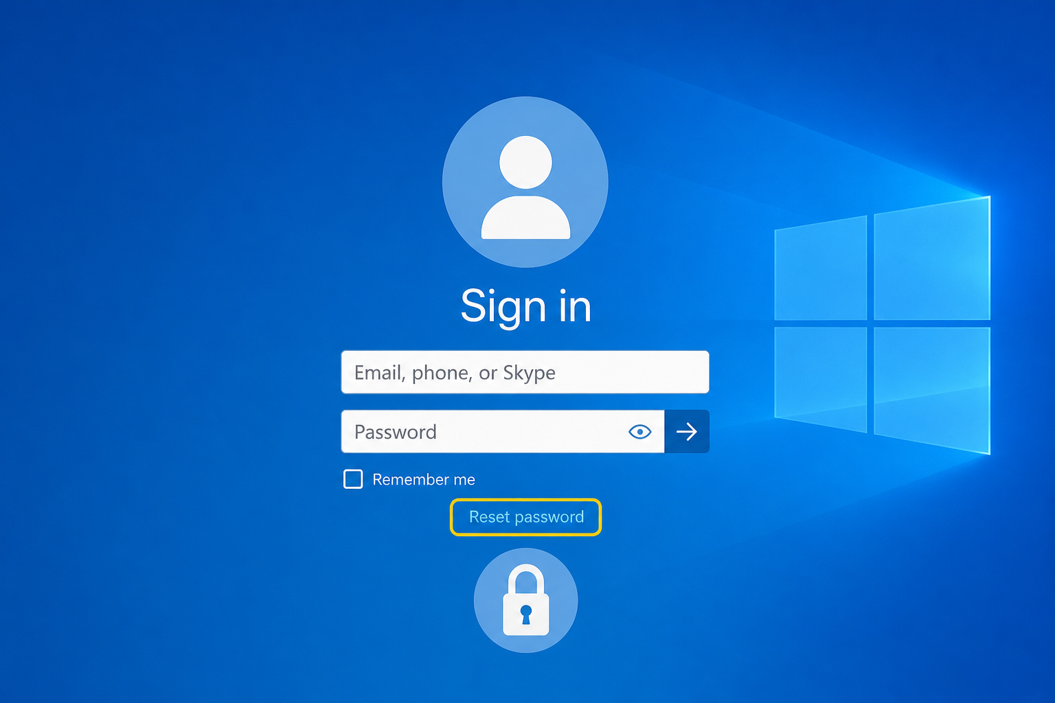 Windows sign-in screen showing password reset option after account lockout