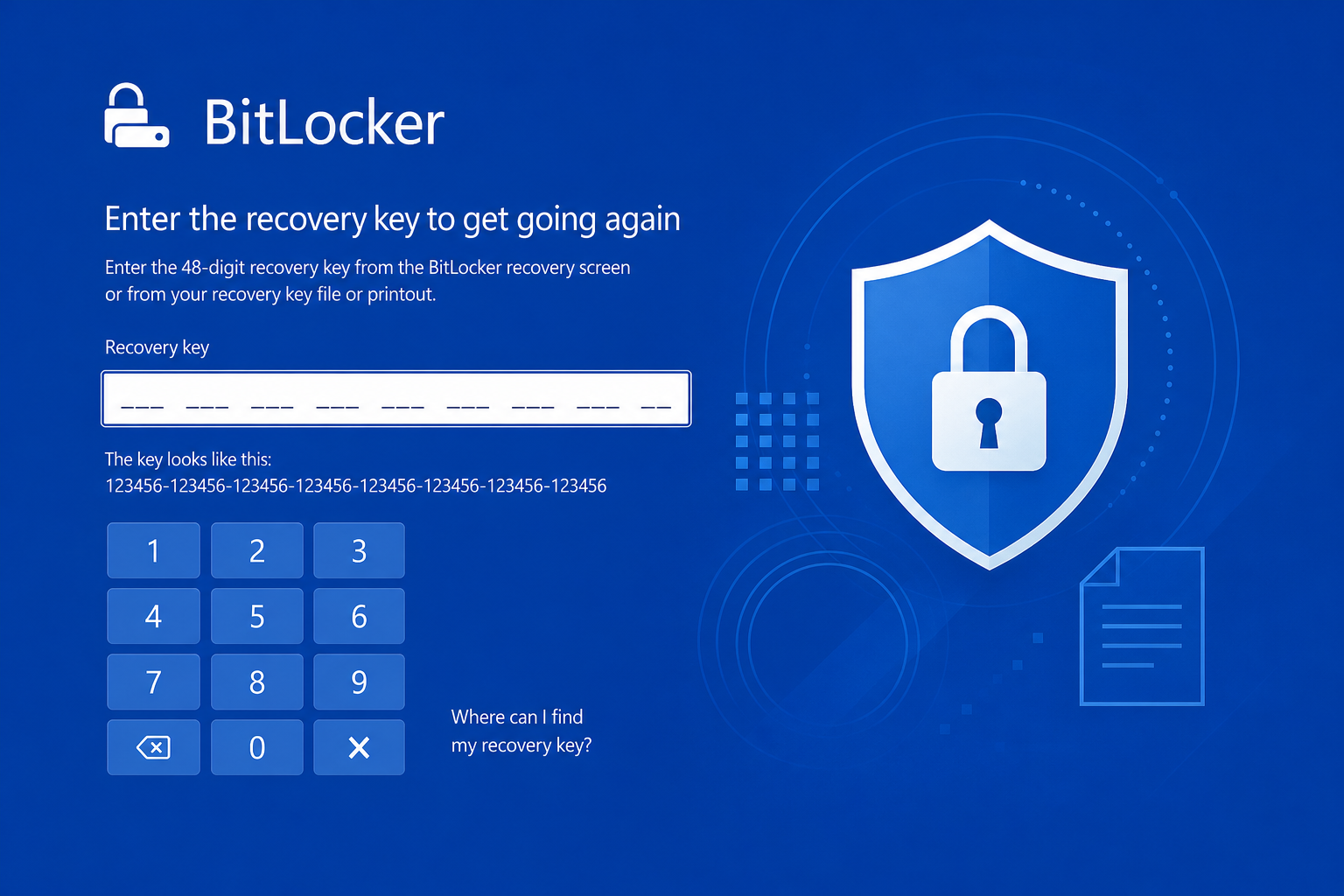 BitLocker recovery key entry screen during a Windows account lockout