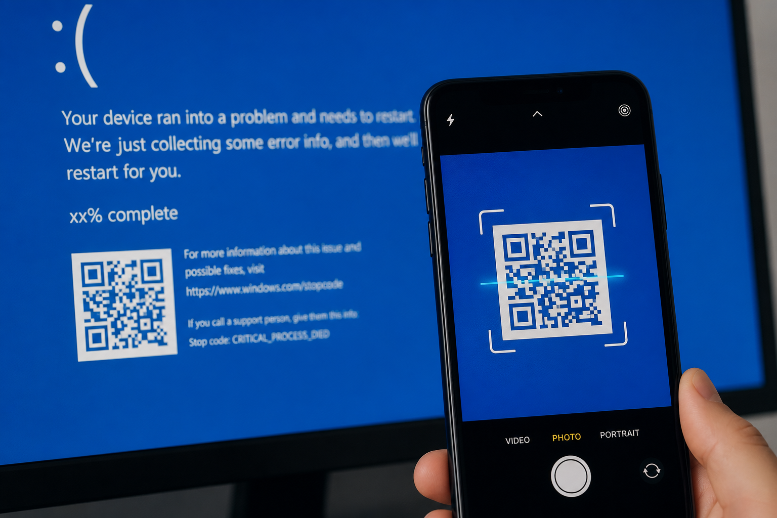 Phone scanning a blue screen QR code on a laptop display