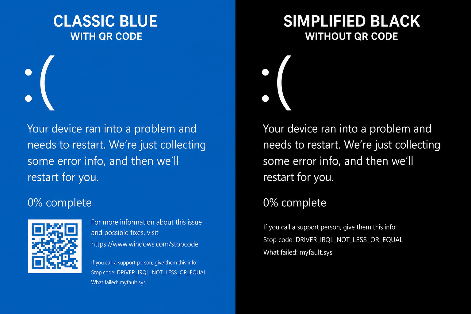 Comparison of blue screen QR code versus newer black crash screen