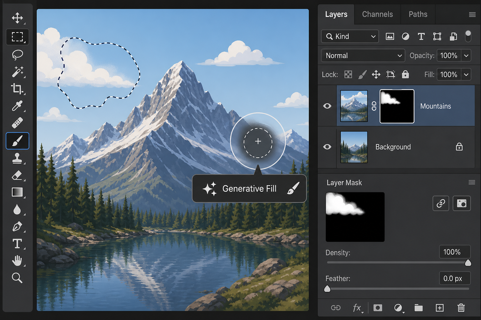 Testing layers masks and generative tools in photo editing software
