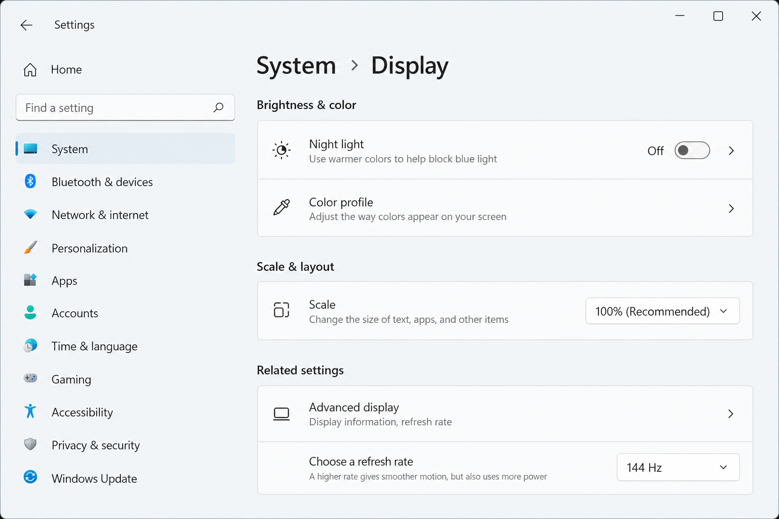 Night Light and refresh rate settings menu reducing light flickering