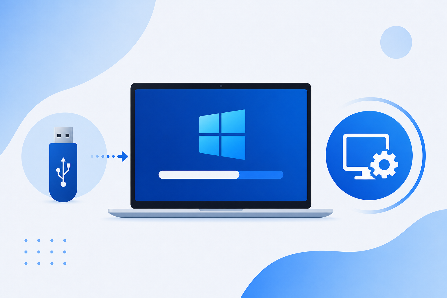 Illustration showing windows 11 clean install process with laptop and USB drive