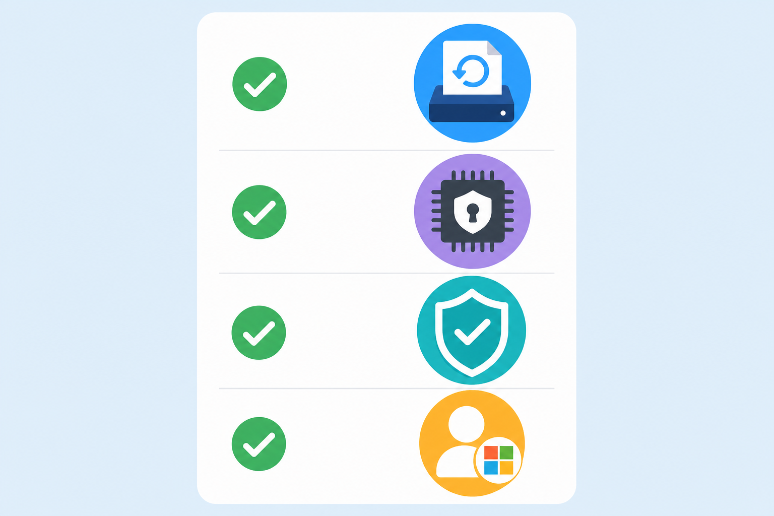 Pre-install checklist icons for backup TPM chip and Microsoft account sign-in