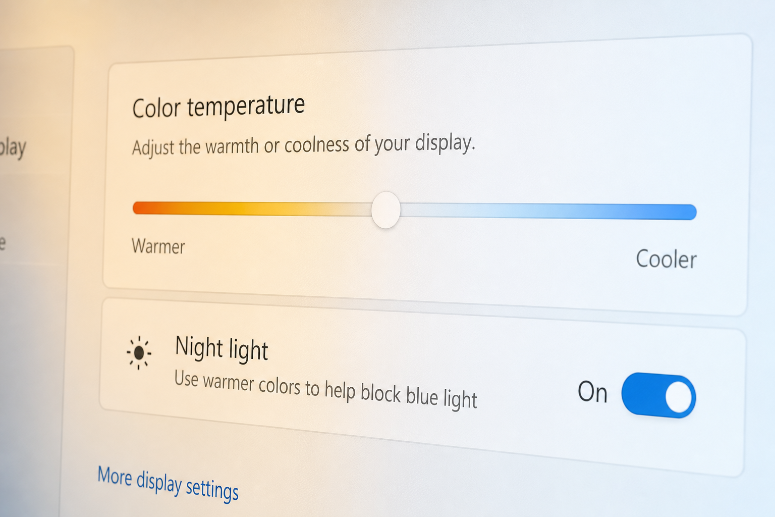 Night light scheduling slider adjusting color temperature on a Windows display