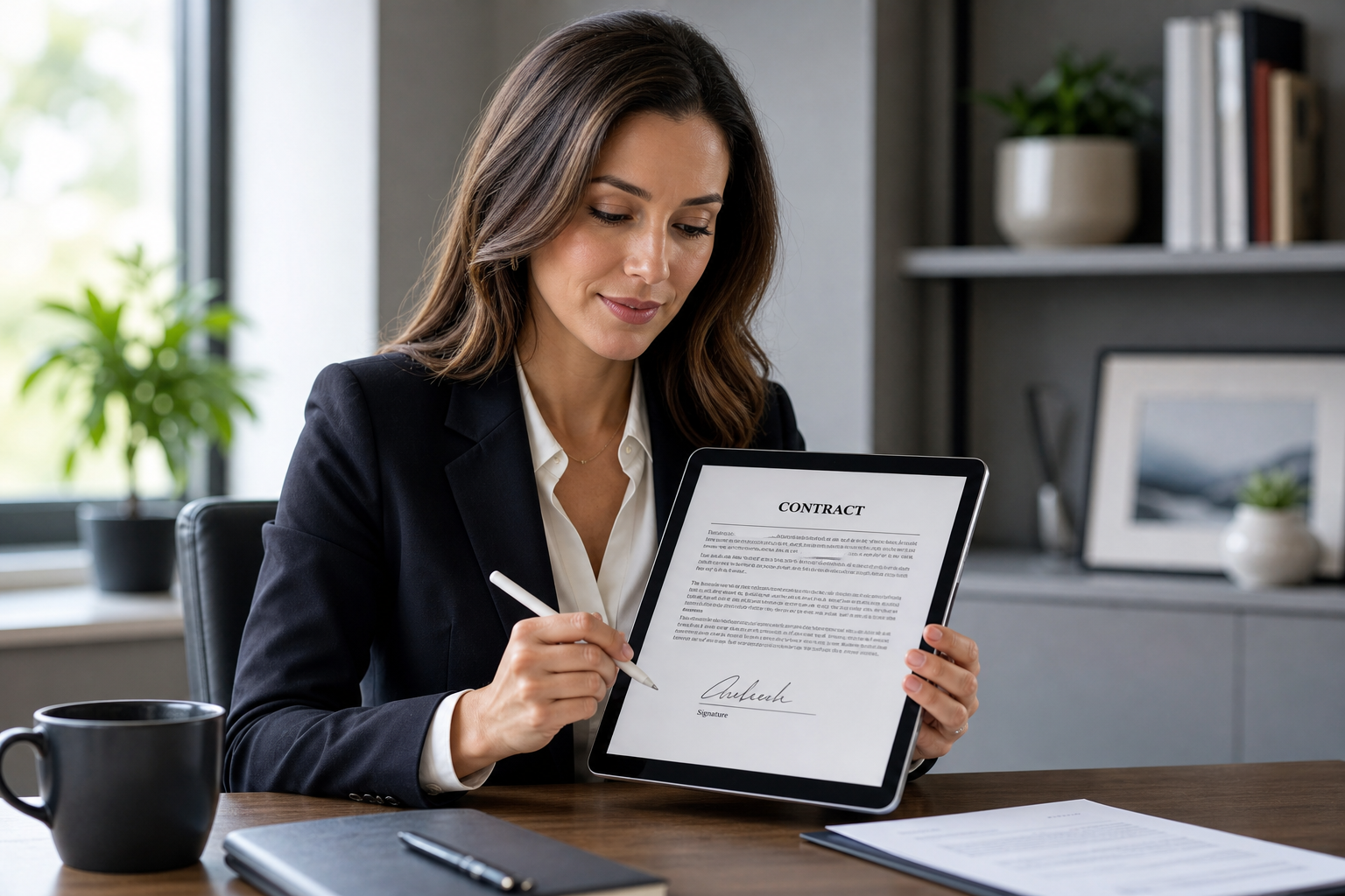 Professional reviewing signed contract PDF document on tablet